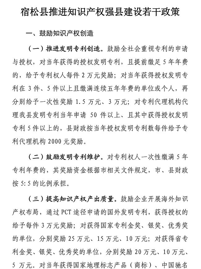 安徽省安慶市宿松縣推進知識產(chǎn)權(quán)強縣建設(shè)若干政策